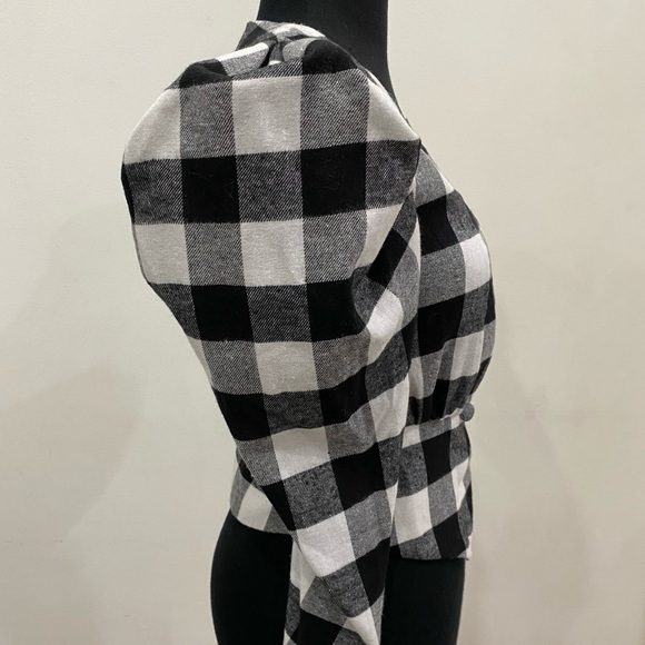 XS-SHEIN Surplice Neck Puff Sleeve Gingham Blazer. - Picture 3 of 5